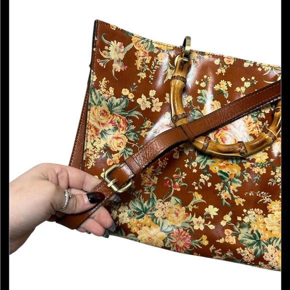Patricia Nash Zancona Leather Botanical Garden Print Bamboo Handel Tote Bag NWOT - Picture 11 of 11